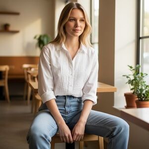 J. Jill White Stretch Button Down Shirt Size L Large Pleated Women’s Collared